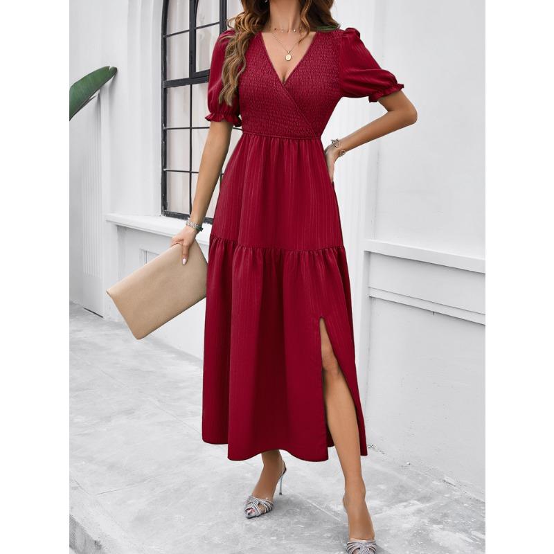 Summer Women's Dress Temperament Solid Color V-neck Short-sleeved Long Dress