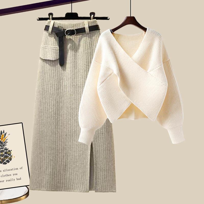 2pcs Women's Knit Skirt Suits Autumn Winter V-Neck Sweater Knit Pencil Skirt Two Piece Set Loose Pullover Sweater  Knit Top  SkirtOutfits