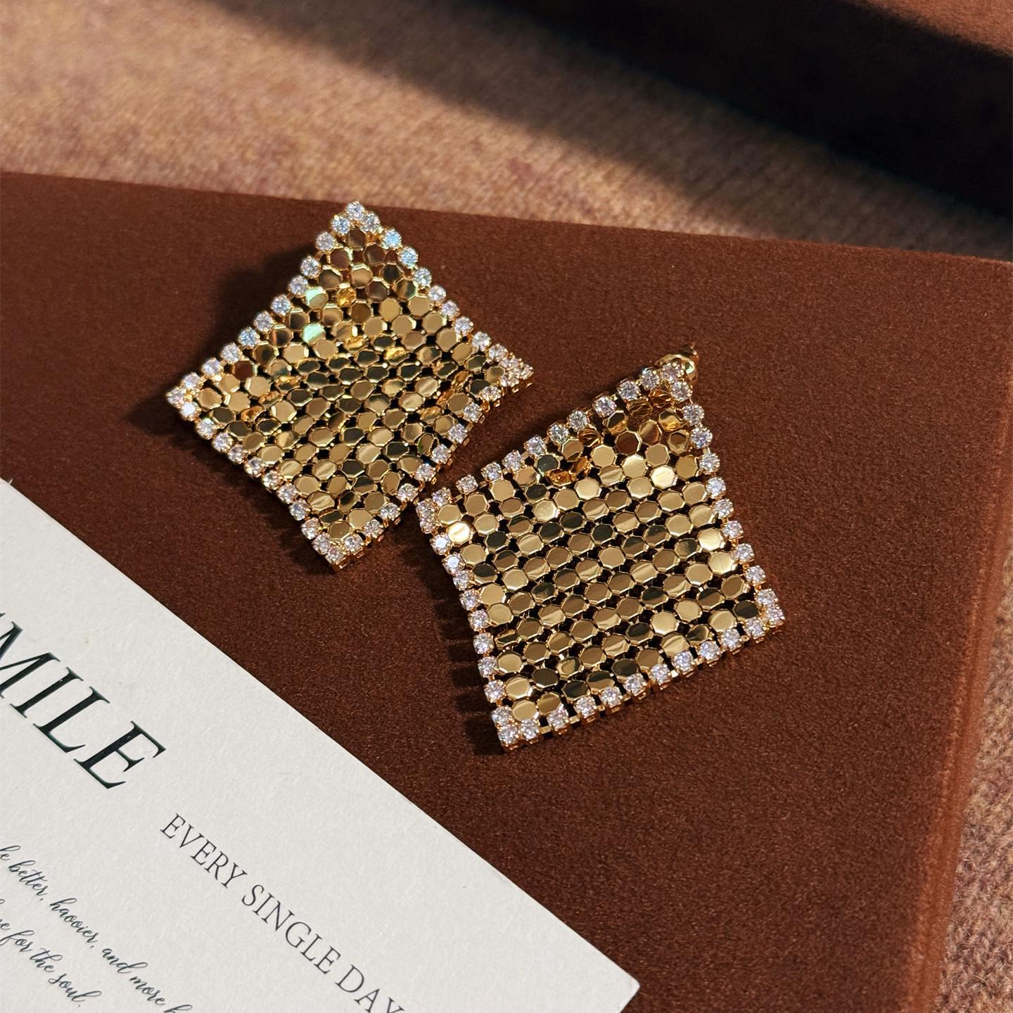 Gold-Plated Silver Zirconia Rhombus Tassel Stud Earrings - Elegant High-End Jewelry for Women