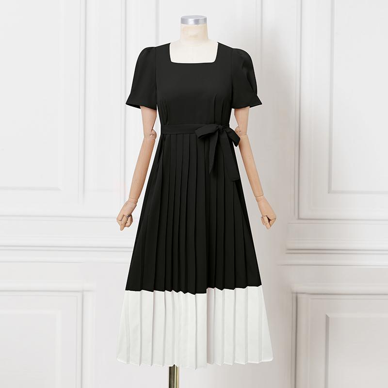 VONDA Elegant Women Casual O Neck Front Pleating Stitching Long Office Dress