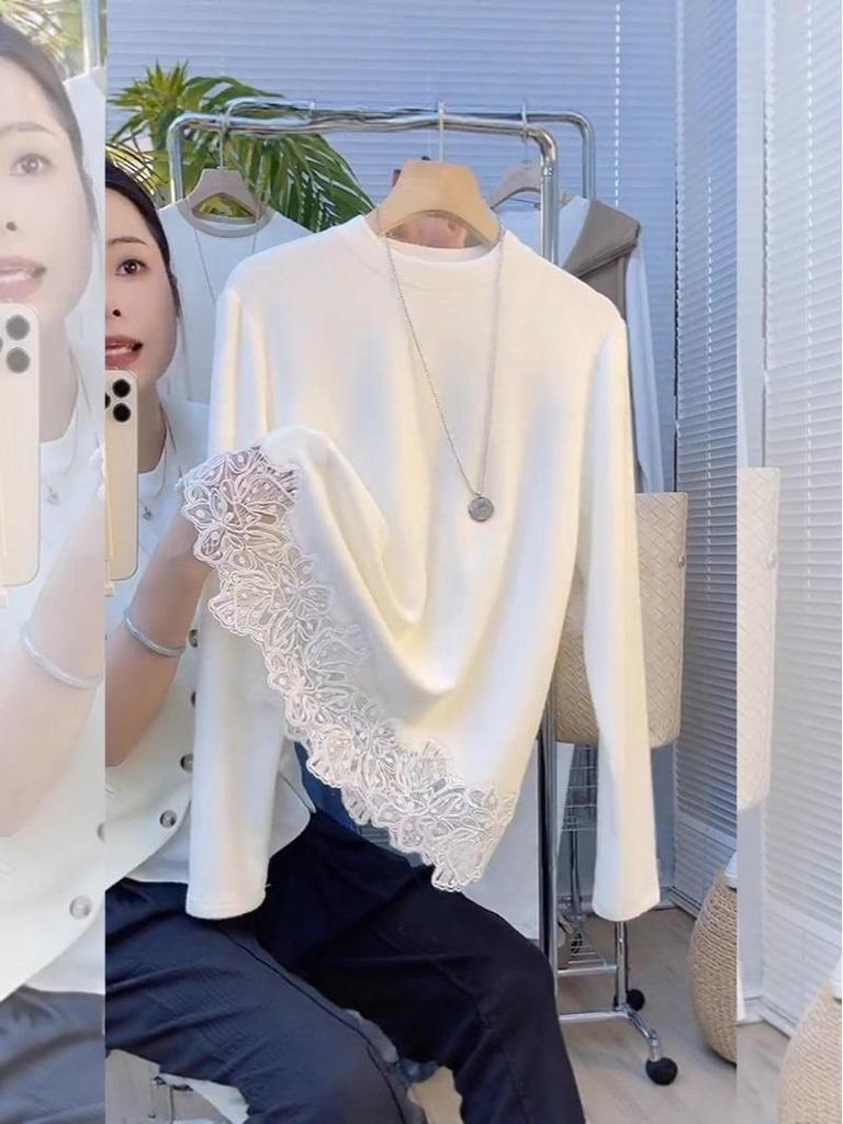 This Year's Popular Korean-Style Lace Splicing Thermal T-Shirt for Women: White Inner Layer Base Shirt Niche Top