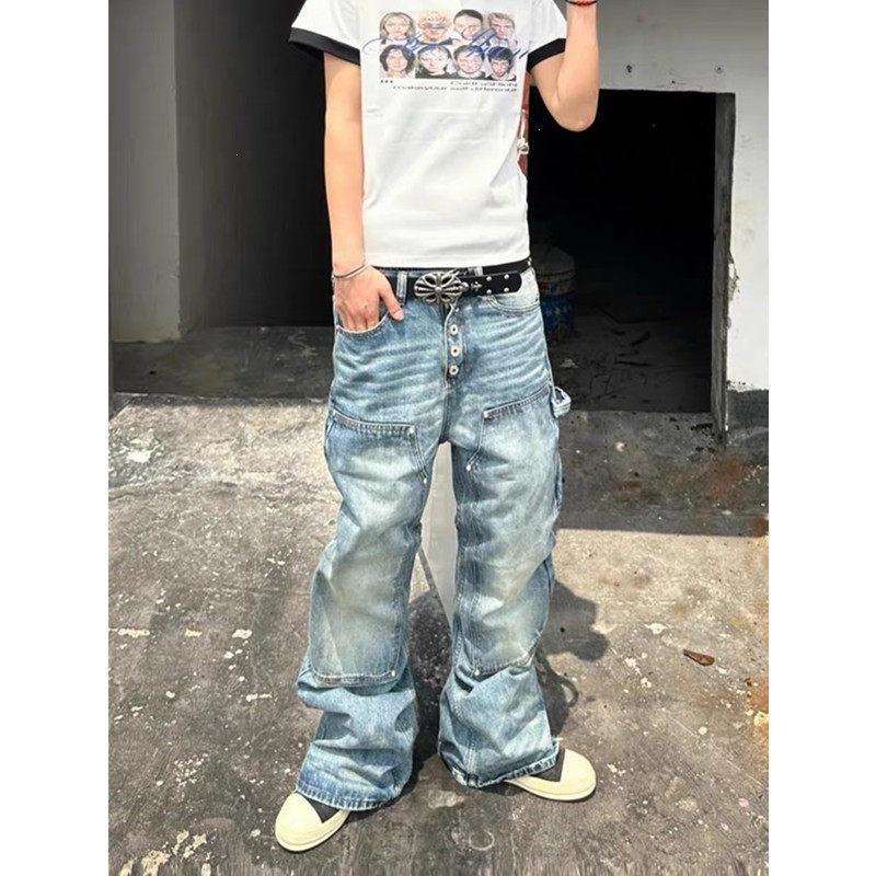 1111 American High Street Breasted Tooling Jeans Men's Retro Washed Old Loose Wide-leg Men's Jeans