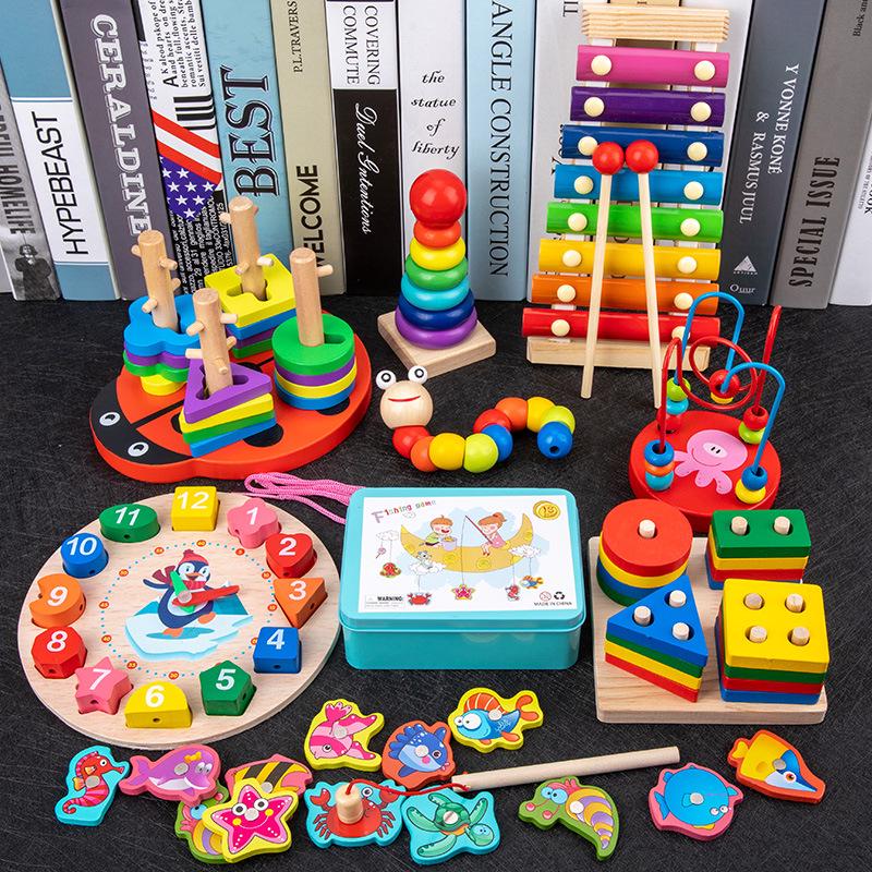 Children's Wooden Toy Set: Eight-Tone Piano, Bead Rainbow Tower, Puzzle Column, Twisting Worm