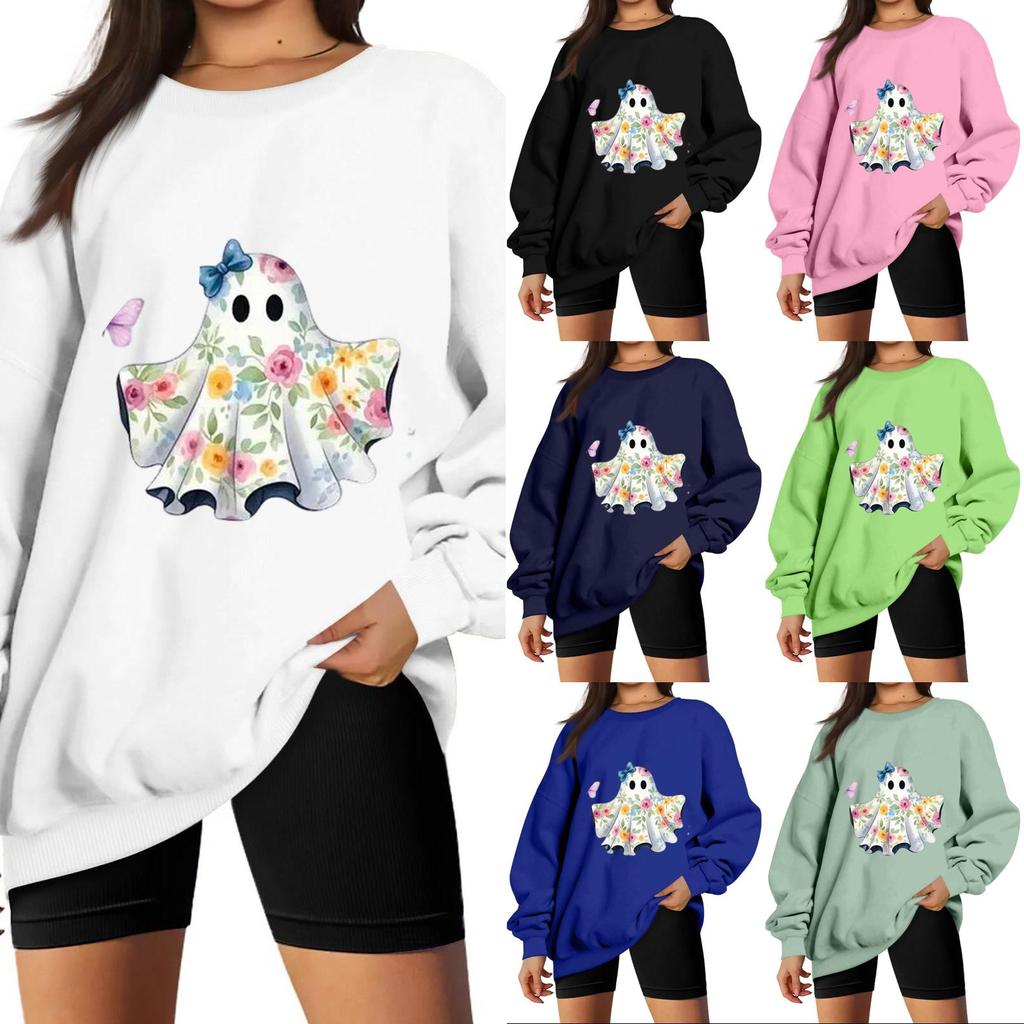 Women's Long Sleeve Neck Sweatshirt Loose Fit Casual Pullover Top, Color and Halloween Small Print