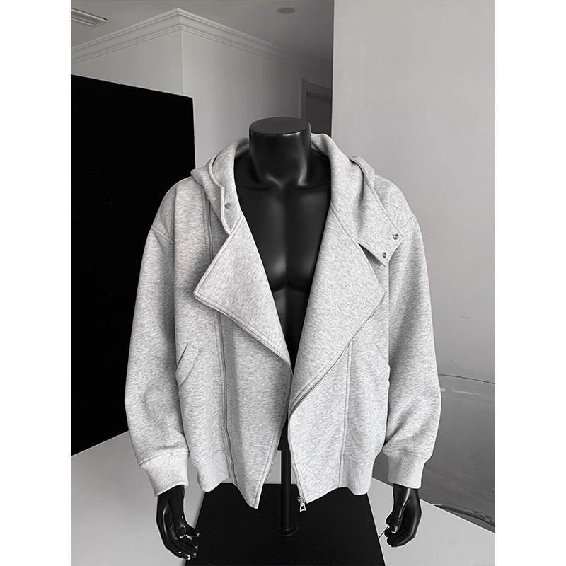 Men's Heavyweight Hooded Sweatshirt with Diagonal Zipper - Short, Boxy Fit