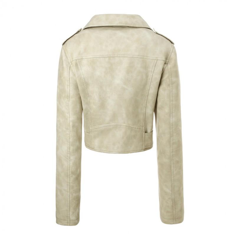 Beige Cropped Fitted Biker Jacket Lapel Metal Rivet Vintage Washed PU Leather Coat