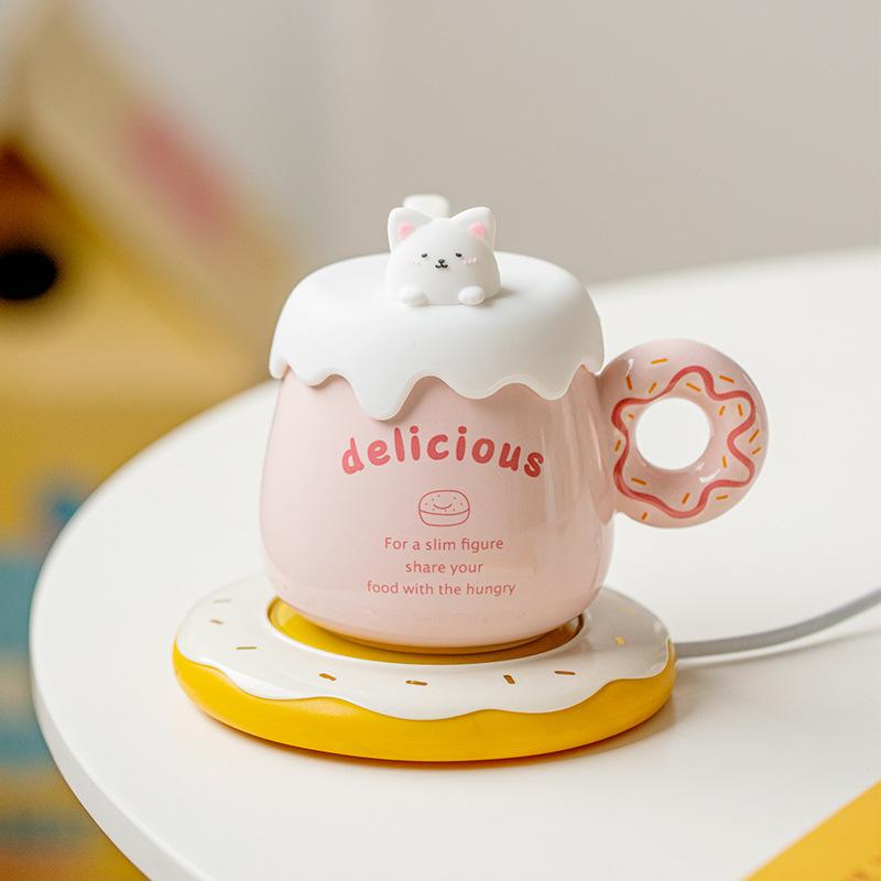 Kreativer Donut Tasse mit konstanter Temperatur Geschenkbox Keramiktasse mit Deckel Löffel Niedliches Mädchen Paar Souvenir Konstante Temperatur