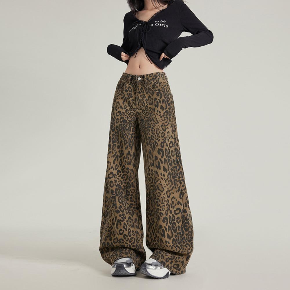 Amerikanischer Trend Leopardenmuster lässige Weitbeinjeans Damen Frühling und Herbst Modedesign lockere Mopping-Jeans