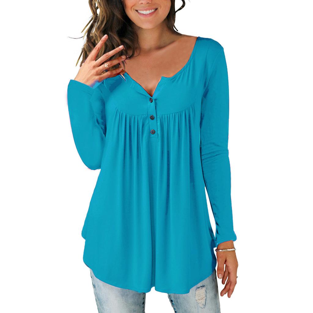 Women's Casual Loose Solid Color Long-sleeved Loose  Button Pleated Top