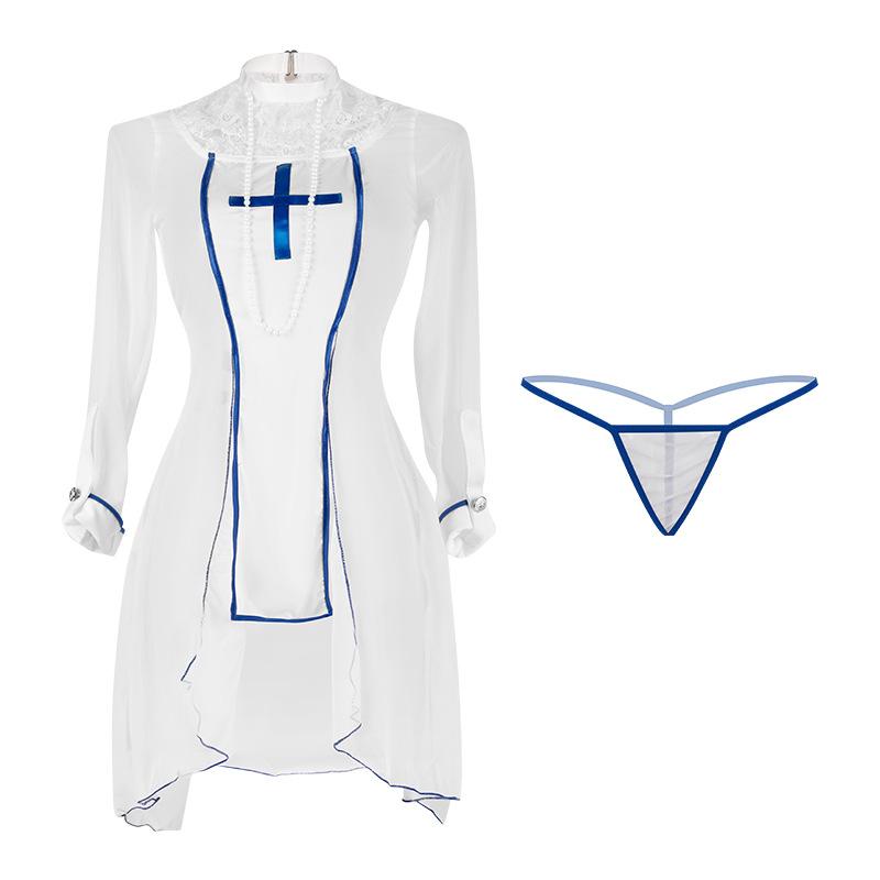 Sexy Palace Noble Nun Uniform Sweet Lingerie Women Cross White Mini Dress Temptation Lace Pajamas Outfits Erotic Party Costumes
