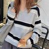 Contrasting Colors Striped Vintage Pullovers Knitted Autumn Winter Turn-down Collar Female Clothing Loose Korean Basic Sweaters