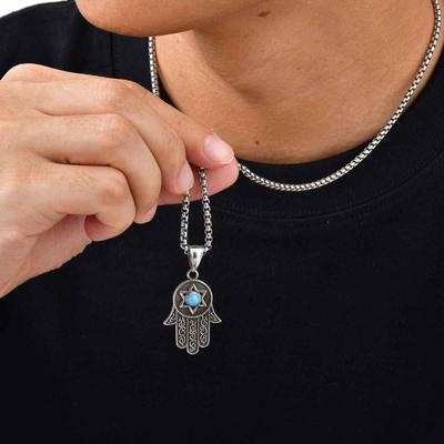 Vintage Fatima Hand Halskette für Männer Jungen, Edelstahl Hexagramm Türkis Anhänger, Punk Schmuck Geschenk
