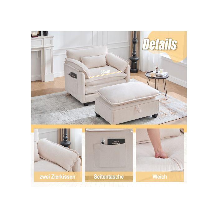 Modern Armchair - MUVOE - Beige Velvet - Footrest - Side Pocket - Contemporary Design