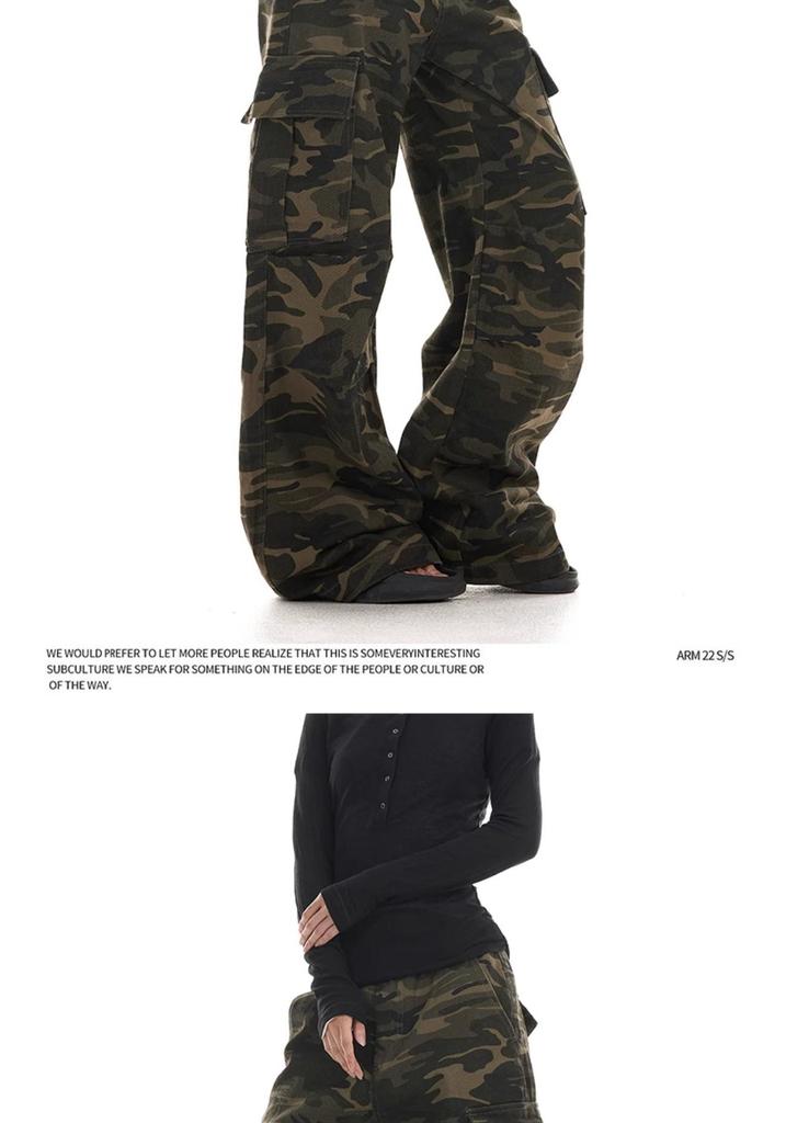 Unisex Vintage Washed Camo Wide-Leg Work Pants with Multi-Pockets