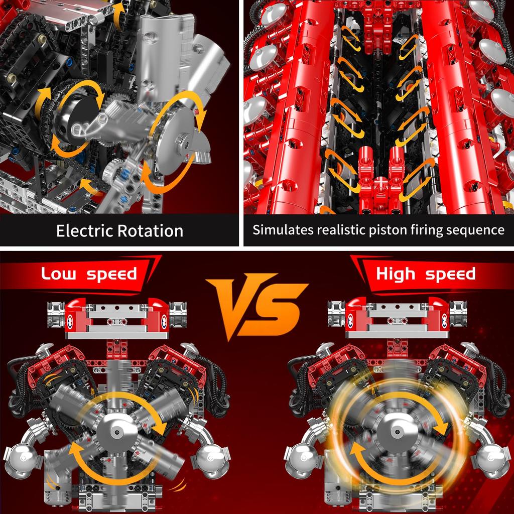 Mould King 10169 MOC Technic V12 In-Line Gasoline Engine Cylinder Block Kit, Motor Technology Sports Car Electric Motor Drive Block Set - Includes