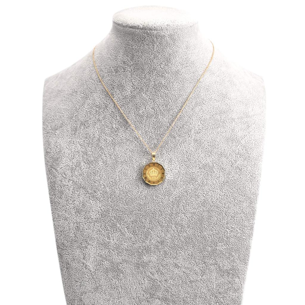 Speranza 24K Pure Gold Coin Pendant with Gold Glass 18K Engraved Crown, 1/25oz Clock,
