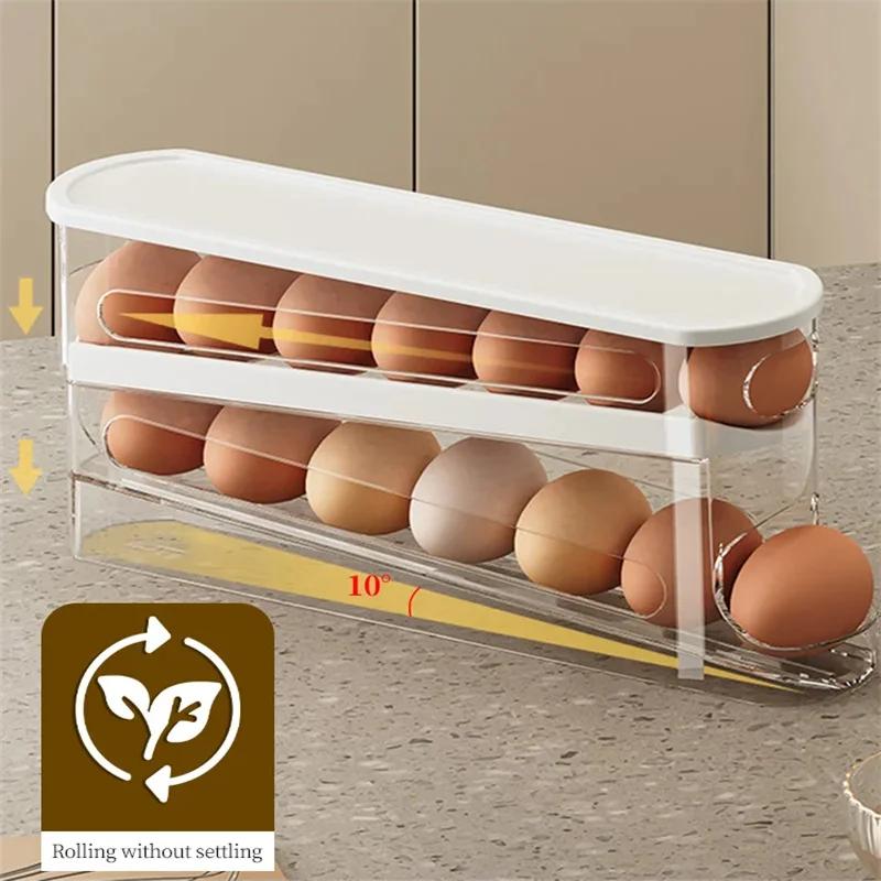 Dvojvrstvový box na vajíčka do chladničky, automatický držiak na vajíčka s otáčacím mechanizmom, rebríkový štýl, dávkovač vajíčok do chladničky, organizér na vajíčka