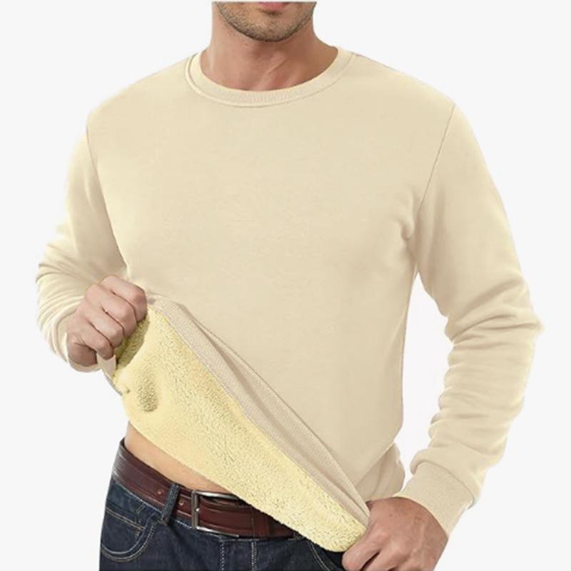 Men's Fleece-Lined Crew Neck Sweatshirt - Loose Fit, Solid Color, Warm Autumn/Winter Wear.
