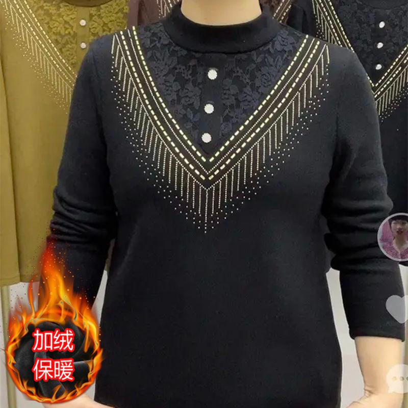 

2025 autumn and winter new middle-aged clothing velvet thickened German velvet lace splicing versatile bottoming shirt women 4XL чорний
