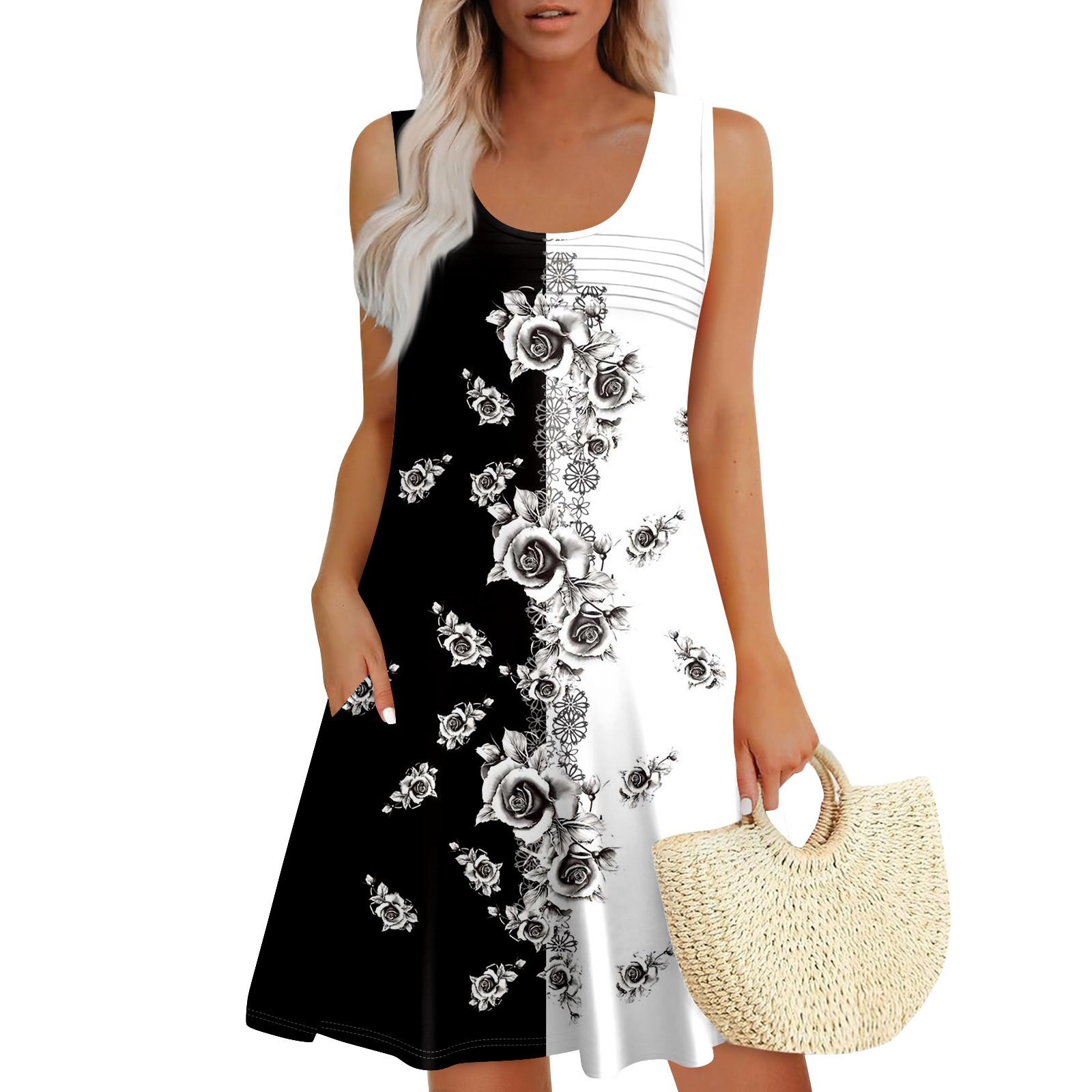 

Женские летние платья, свободные сарафаны без рукавов с U-образным вырезом и карманами S чёрный