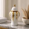 Lidded Ceramic Vase Glossy White Jar-Shaped Vase Decorative Ceramic Jar Gold Trim Home Decor Display Piece