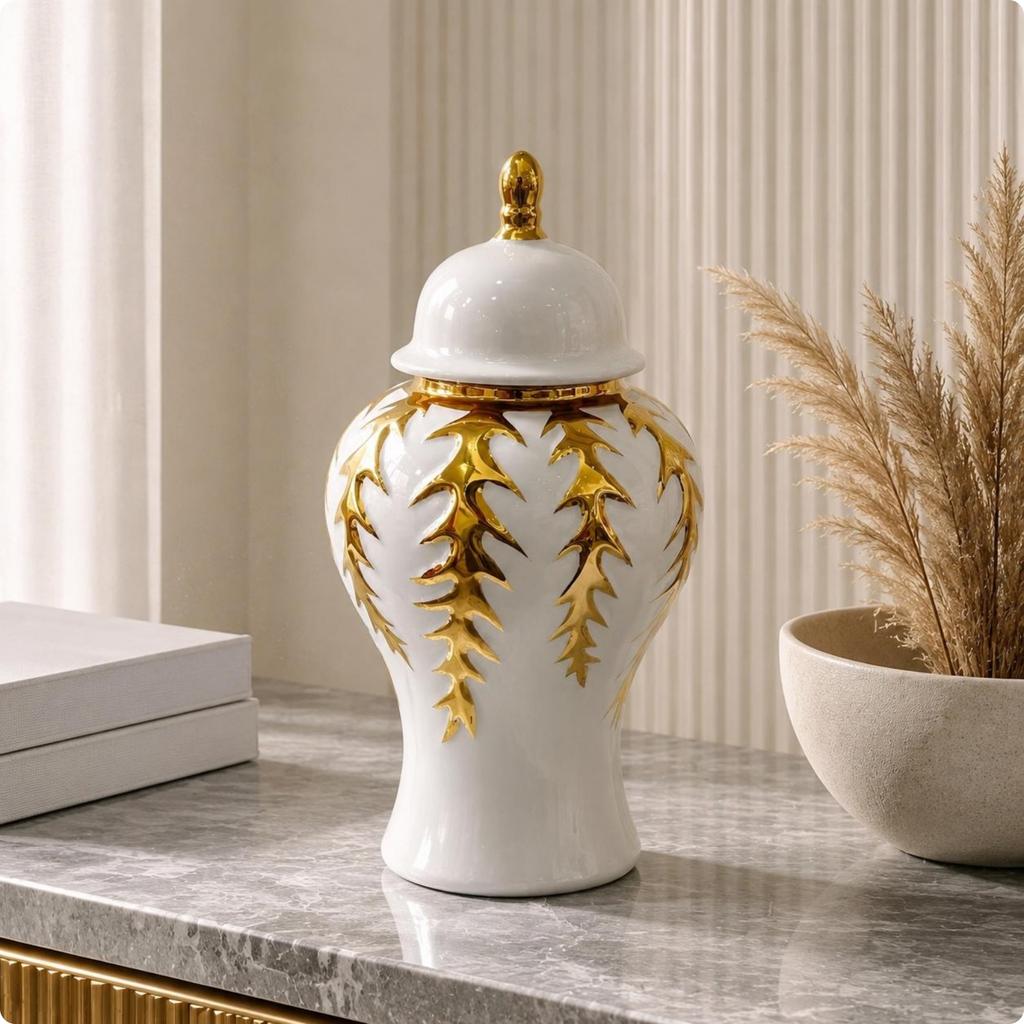 Lidded Ceramic Vase Glossy White Jar-Shaped Vase Decorative Ceramic Jar Gold Trim Home Decor Display Piece