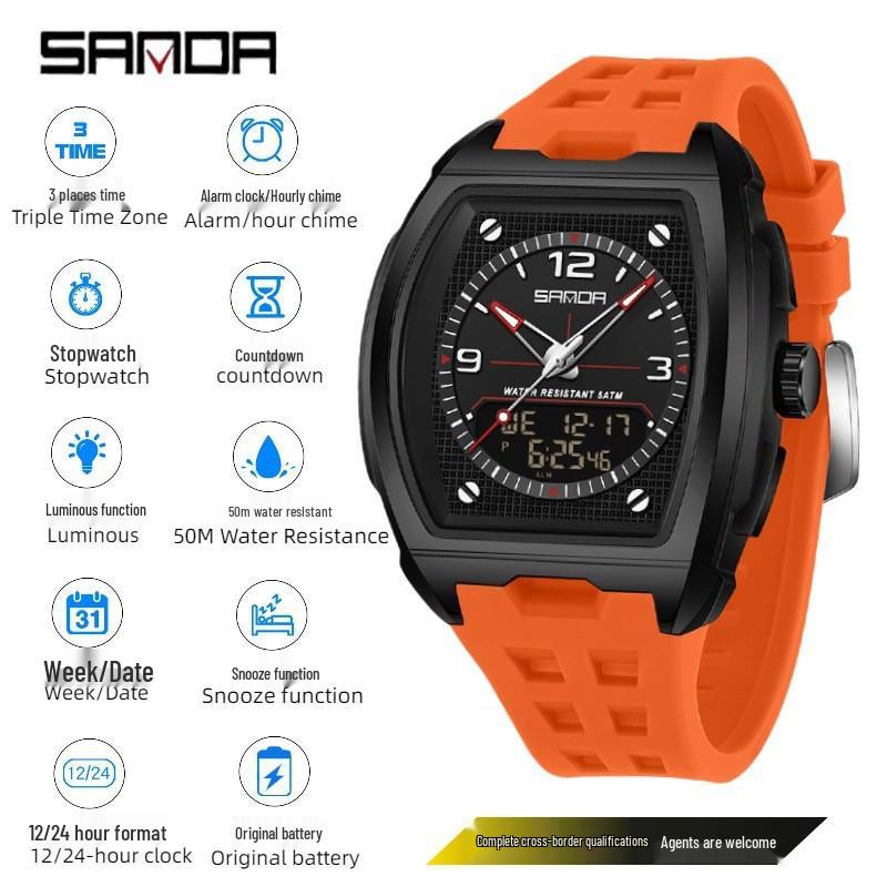 Sanda Men's Trendy Multi-Window Fashionable Watch: 3D Stereo Stopwatch, Waterproof, Alarm Clock, Multifunctional Electronic Design.