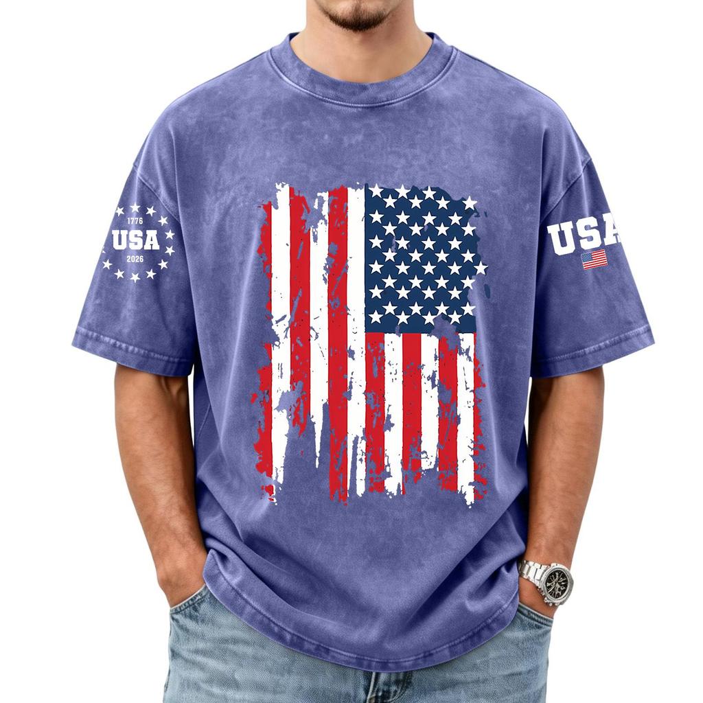 Men's Loose And Casual Flag-print T-shirt, Short Sleeve Shirt