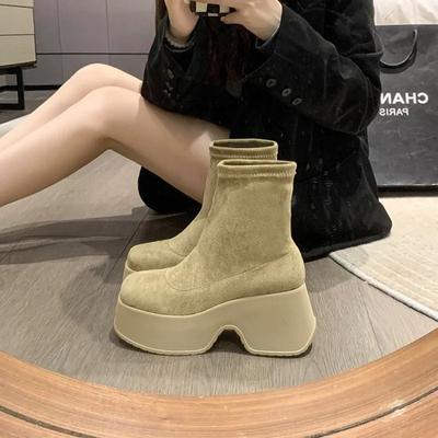 Autunno Stivaletti alla Caviglia con Plateau da Donna Suede Nero Kaki Elastici Stivali Sottili Tacco Alto Grosso Slip on Gotici Corti Botas Femininas