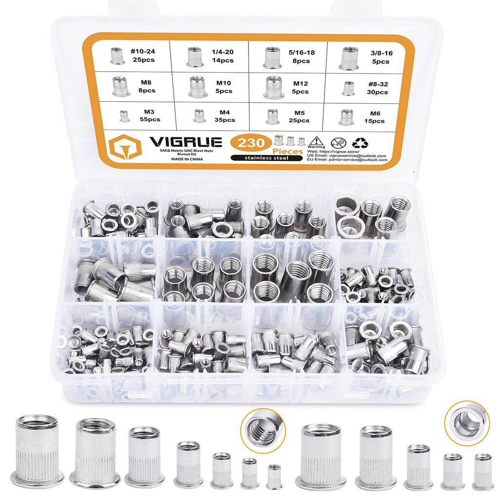 230PCS SAE & Metric   UNC Erts Rivnut Assortment Kit, Flat Head Insert Nut Assort #8-32#10-24 1/4"-20 3/8"-16 5/16"-18 and M3  M5 M6 M8 M10 M12