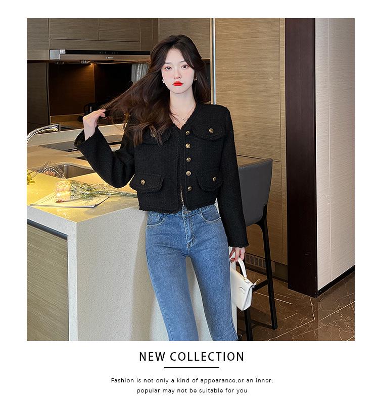 Real Shot Fashionable Women's Black Wool Xiang-Style Loose Short Jacket - Spring/Autumn Socialite Wear