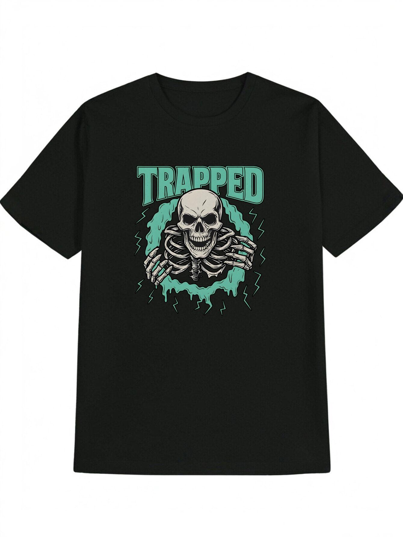 Casual Skull & Green Lightning Print T-shirt - TRAPPED Graphic Design XL