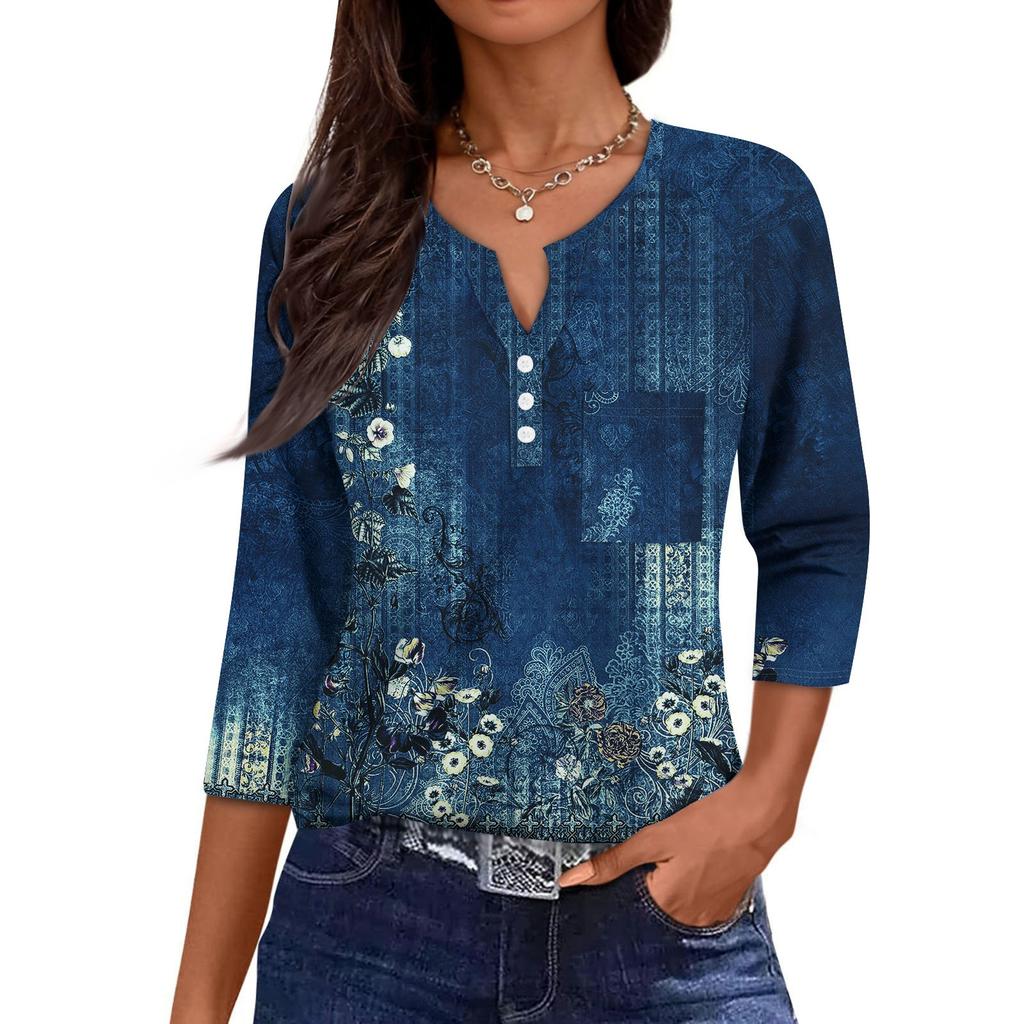 Damska Codzienna Modna Dekolt V Luźna Wszechstronna Kwiatowy Wzór Rękawy Trzyczwarte