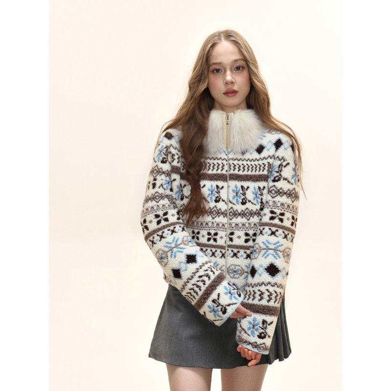 Shiyiyue Fair Isle Fur Collar Coat for Women, Autumn and Winter Vintage Loose Furry Thickened Slimming Warm Top