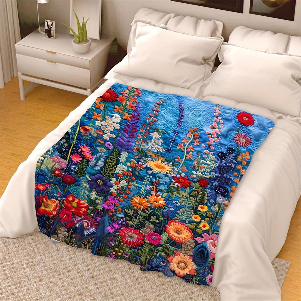 Lebhafte bestickte Blumendecke - Buntes Wildblumendesign auf Blau für Naturliebhaber & Gemütliche Wohnkultur