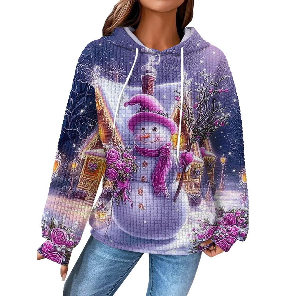 Women's Fashion Loose Hooded Pullover Long Sleeve Plaid Sweatshirt With Drawstring, Drop Shoulder, Pocket, Christmas Print Top