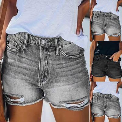 Women Casual Denim Shorts Mid Waist Stretch Band Pocket Ripped Fringe Denim Shorts