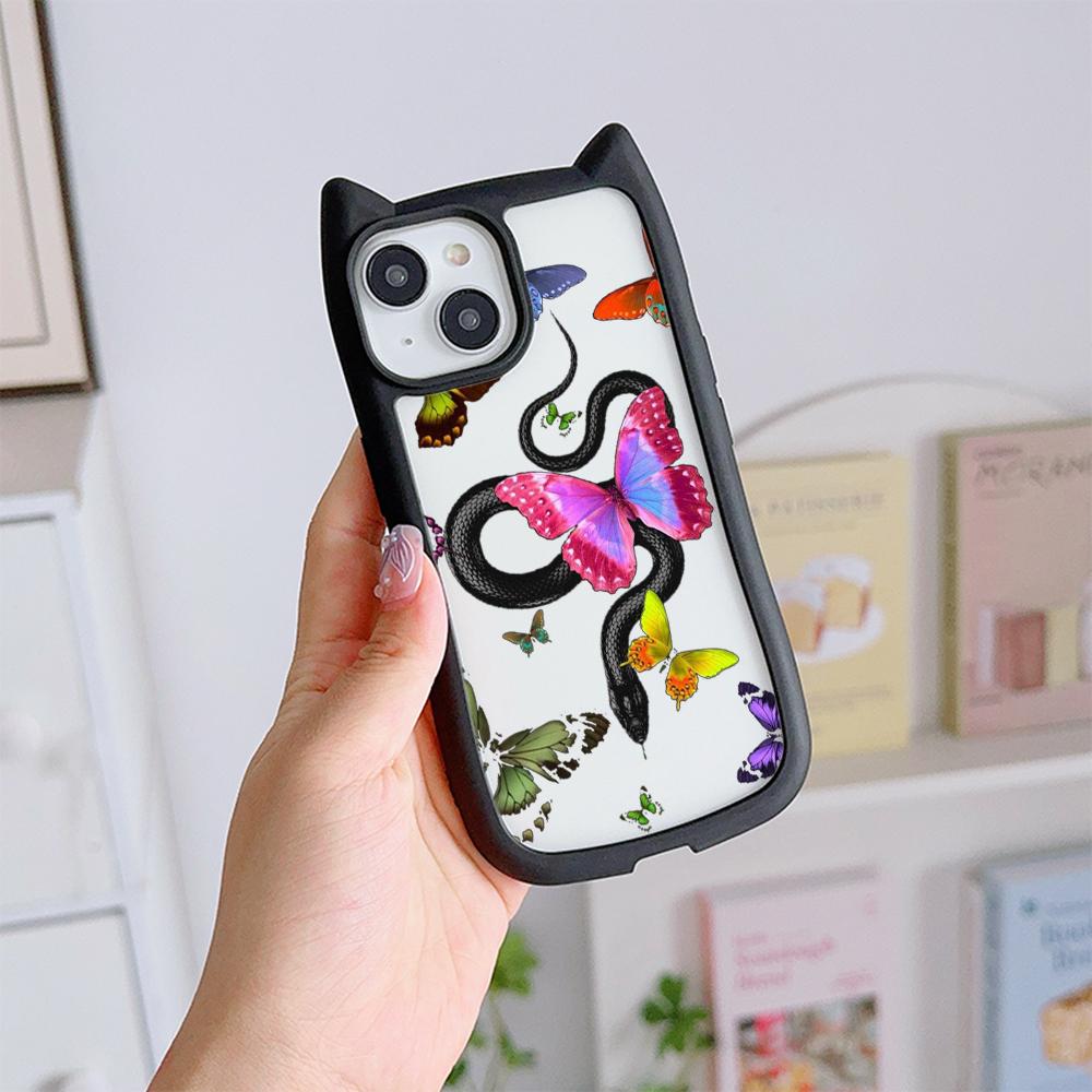 Soft Cat Ear Phone Cases for iPhone 16 15 13 12 11 Pro Max 14 Plus XR TPU Anti-Drop Transparent Acrylic Back Cover N77 Butterfly Black Gold Snake