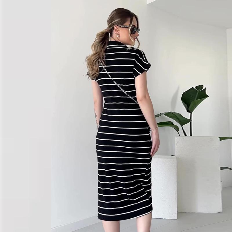 2024 Summer Women's V-Neck Fashion Striped Slim-Fit Slit Dress