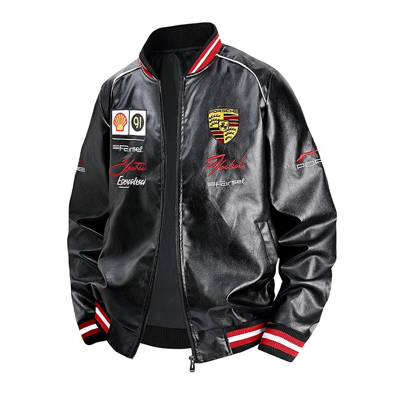 

Мужская утепленная кожаная куртка-бомбер из ПУ кожи с вышивкой, гоночная куртка XXXXL чёрный