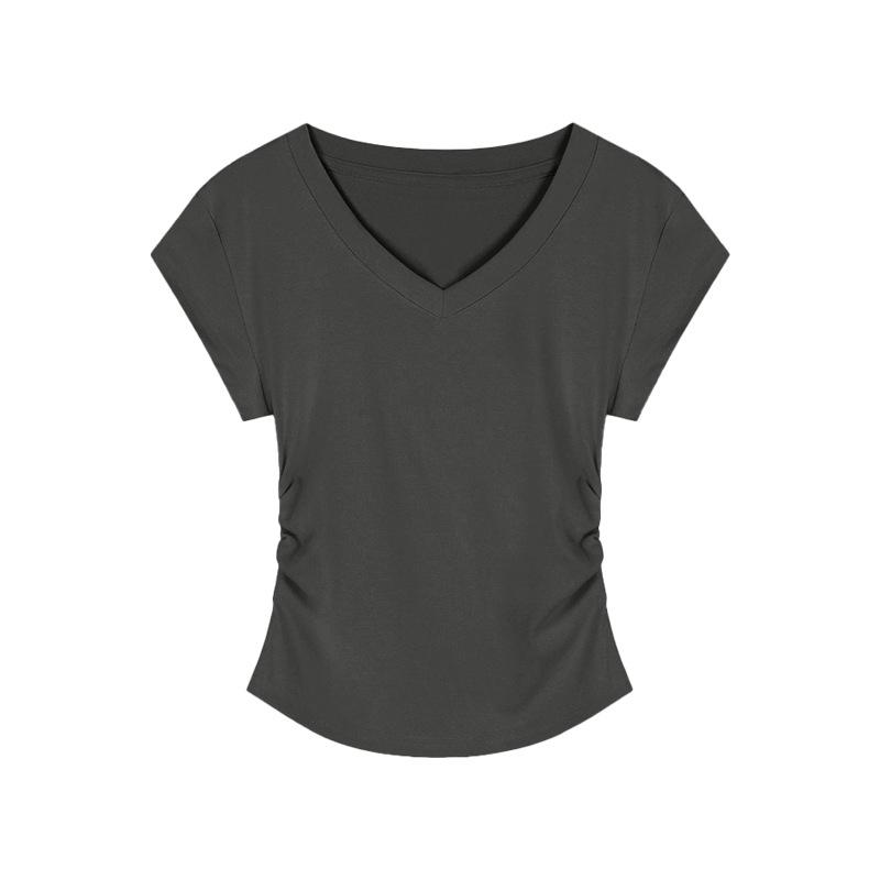 

Однотонная простая футболка с V-образным вырезом, женская летняя новая короткая облегающая универсальная футболка-пуловер для студентов XXL темно-серого