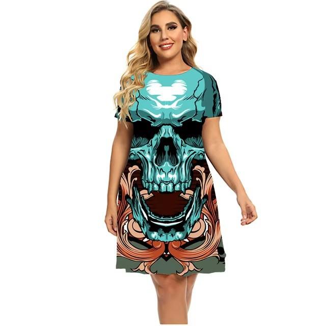 Women Round Neck Short Sleeve 3d Print T-shirt Dress Midi Length Summer Beach Wear