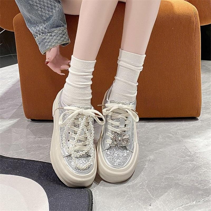 Women Versatile Casual Flats Thick Sole Rhinestone Vintage Dirty Sneakers