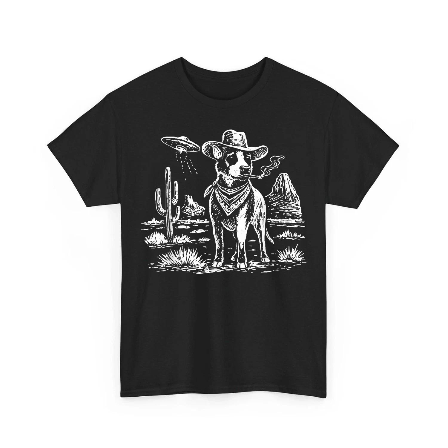 Western Cowboy Dog Smoking with UFO Australian Cattle Dog T shirt 4XL