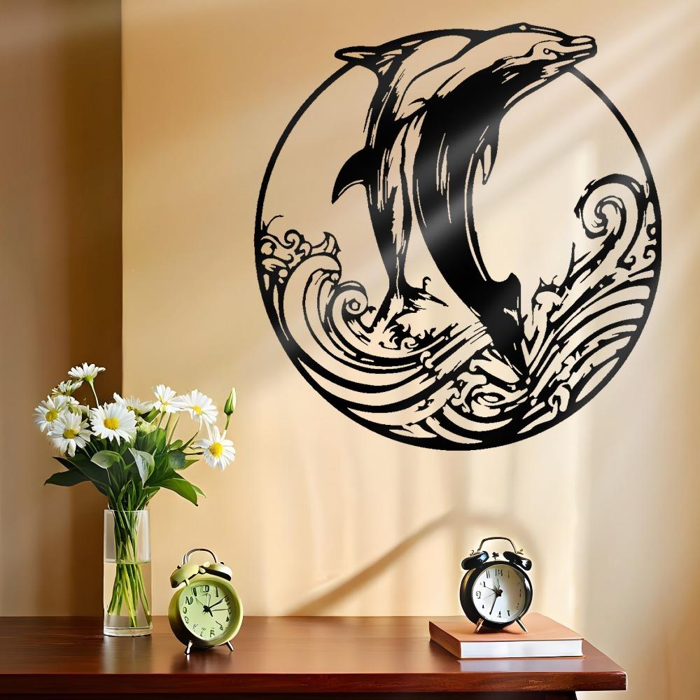 2D Laser Cut Dolphin Wave Iron Wall Art, Large Black Metal Decor for Living Room Bedroom, 1pc