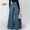 Simple Design Women Trousers Pants High Waist Buttons Zipper Closure Denim with Everyday Pockets Irregular Large Hem Wide Leg Solid Color Casual Loose
