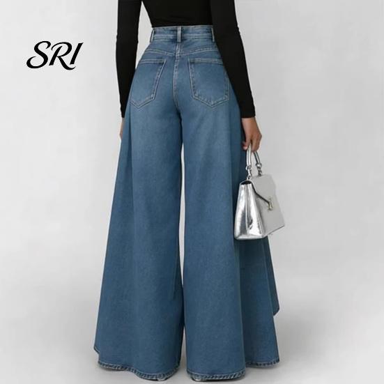 Simple Design Women Trousers Pants High Waist Buttons Zipper Closure Denim with Everyday Pockets Irregular Large Hem Wide Leg Solid Color Casual Loose
