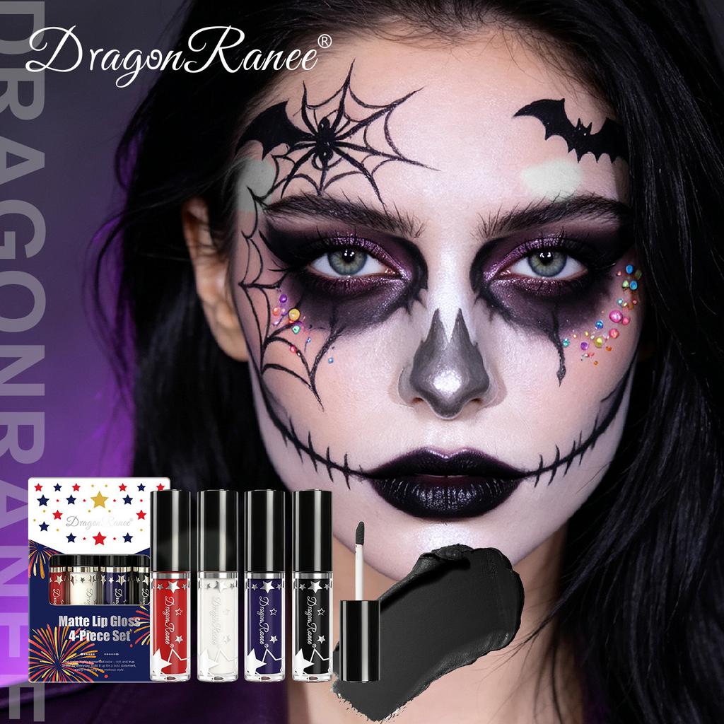 4-piece Halloween Lipstick Set Black White Red Blue Lip Gloss Kit Matte Lip Tint Waterproof Lasting Lips Makeup Cosplay Cosmetic