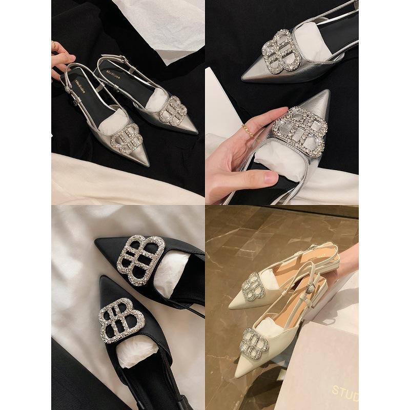 Sheepskin version~ Grape mother pointed head exquisite rhinestone buckle thin French back empty single shoes women's summer bag head sandals