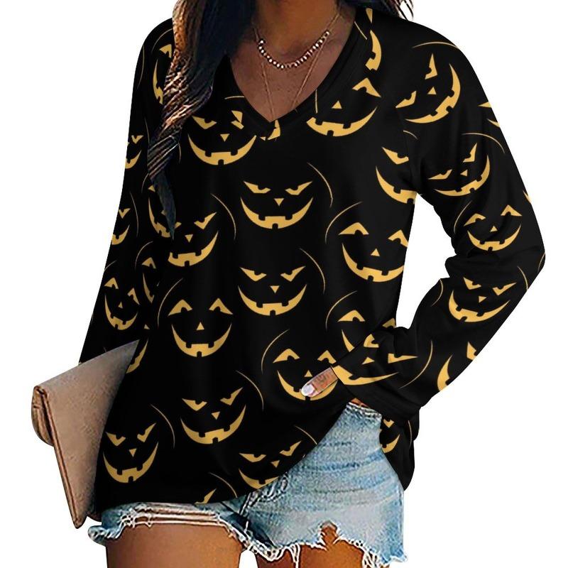 Halloween Pumpkin Ghost Print 3D Graphic Long Sleeve T-Shirt Casual V-Neck Top Polyester Breathable Women's Fashion Apparel